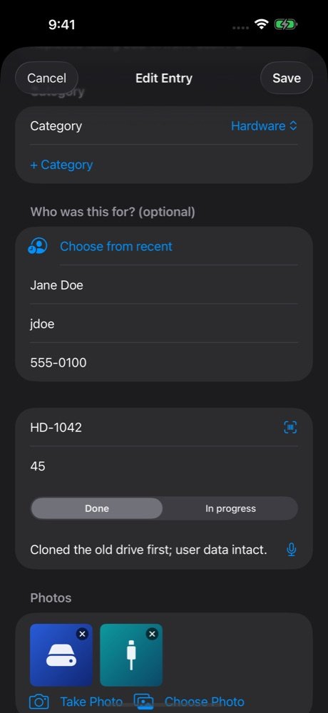 Photos attached to an entry, dark mode
